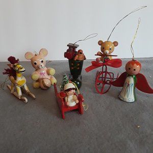 Vintage Wooden Christmas Ornaments Lot of Six Teddy Bear Angel Stocking Sled
